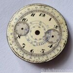 Vintage Valjoux 22 chronograph dial, approximately 33.1 mm diameter. Pre-owned condition with age-related wear, ageing and marks. Sold as pictured.