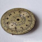 Vintage Valjoux 22 chronograph dial, approximately 33.1 mm diameter. Pre-owned condition with age-related wear, ageing and marks. Sold as pictured.