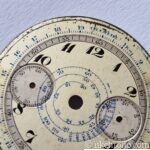 Vintage Valjoux 22 chronograph dial, approximately 33.1 mm diameter. Pre-owned condition with age-related wear, ageing and marks. Sold as pictured.