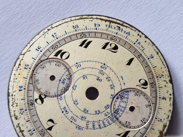 Vintage Valjoux 22 chronograph dial, approximately 33.1 mm diameter. Pre-owned condition with age-related wear, ageing and marks. Sold as pictured.