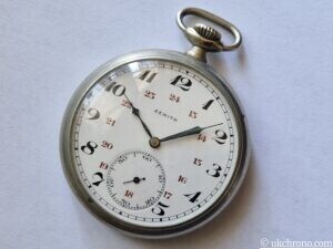 vintage Zenith Pocket watch hand winding c 18 28 31 collectible red numerals 1 vintage Zenith open face pocket watch fitted with the hand-wound Zenith Calibre 18-28-31 movement.