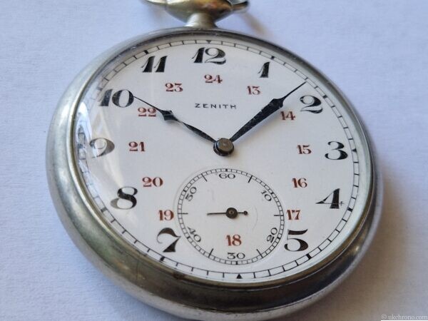 vintage Zenith open face pocket watch fitted with the hand-wound Zenith Calibre 18-28-31 movement.